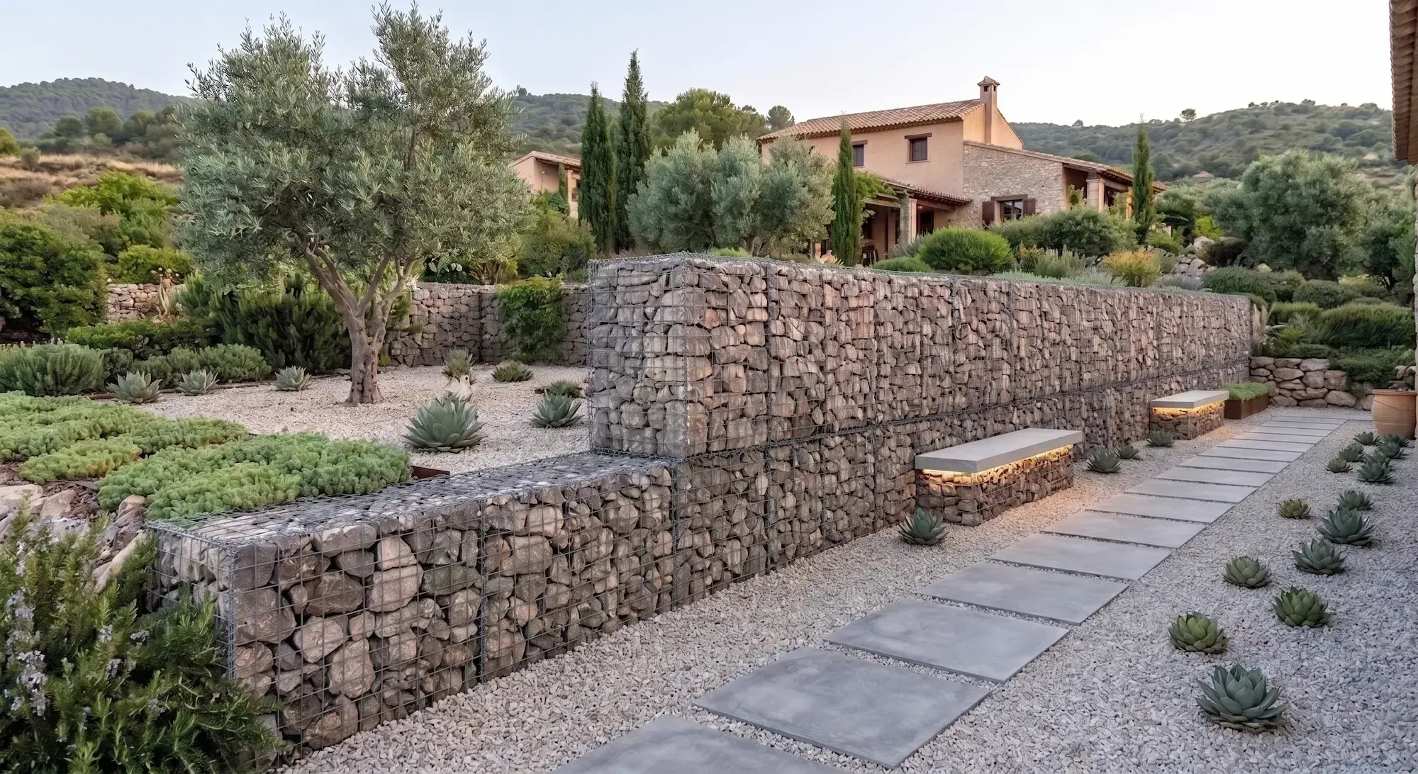 Muro de gaviones de piedra en un jardín mediterráneo, con bancos integrados y olivos