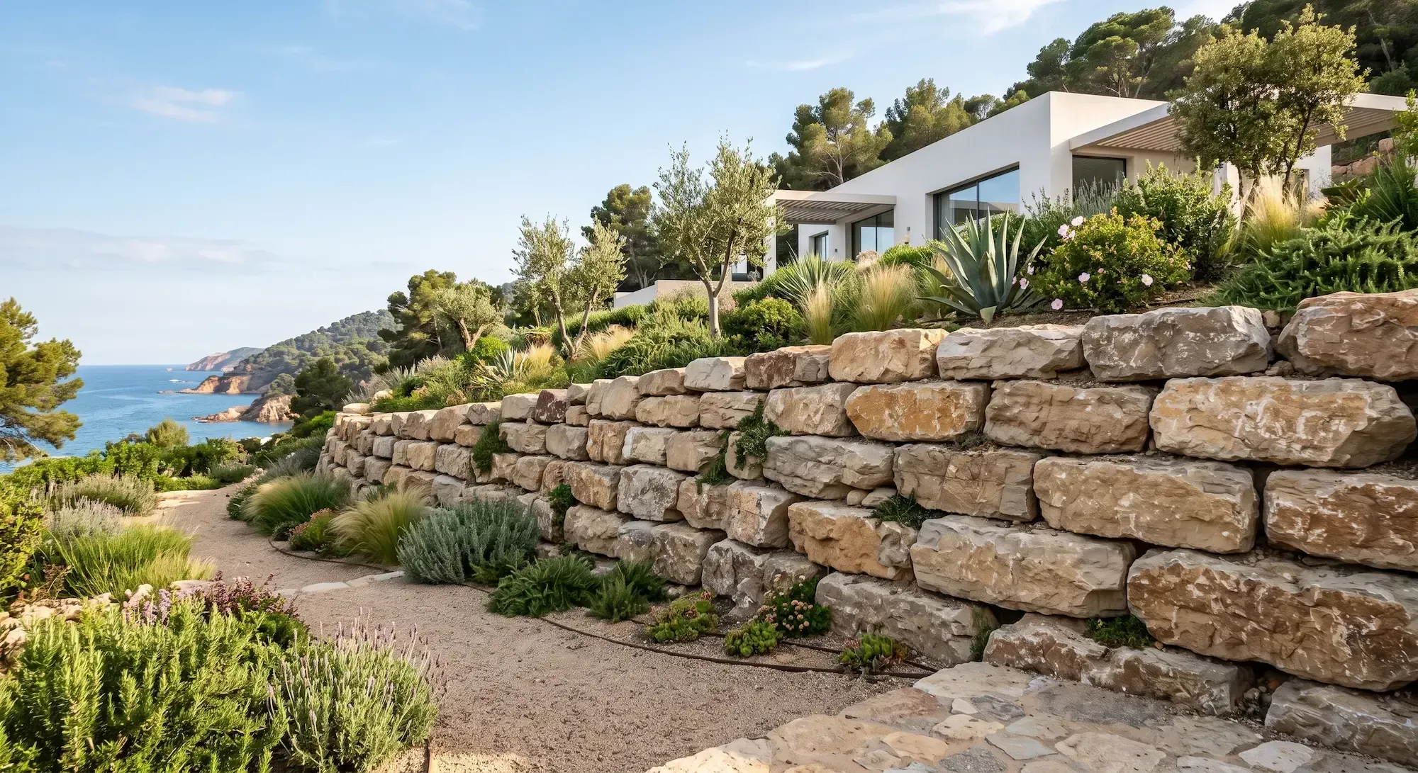 Muro de contención de escollera o rocalla en un jardín en pendiente, con bloques de piedra en hiladas escalonadas y la plataforma llana arriba